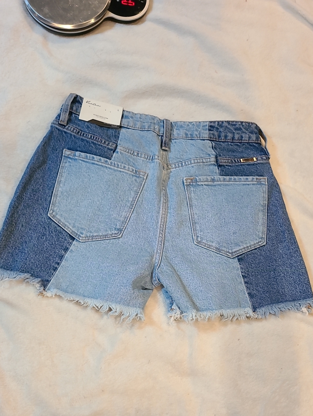 KanCan Two-Tone Patchwork Denim Shorts in Light & Dark Blue - Picture 2 of 7